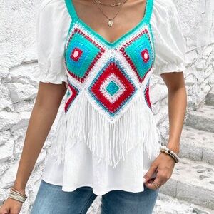 ⭐️ 3/$10 🆕 SHEIN VCAY Geo Print Fringe Trim Puff Sleeve Blouse